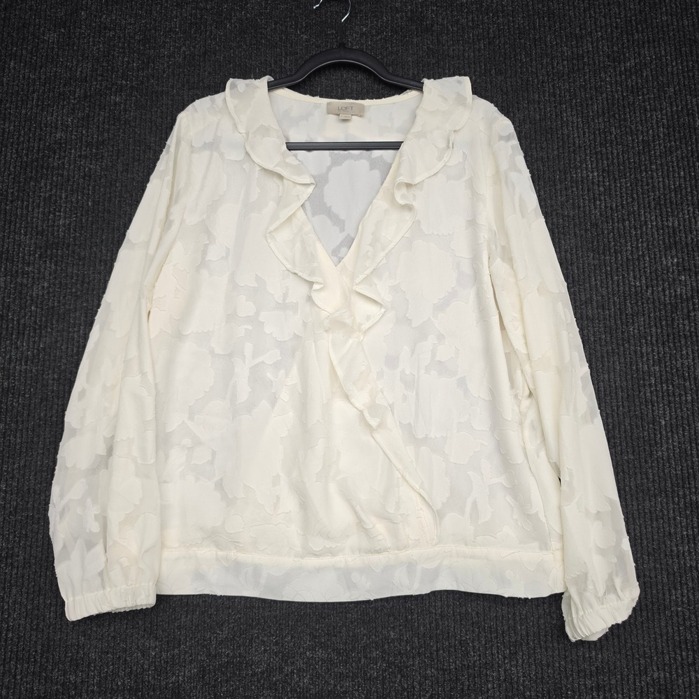 LOFT Outlet Ivory Floral Burnout Ruffle Wrap Blouse Long Sleeve Off White Large